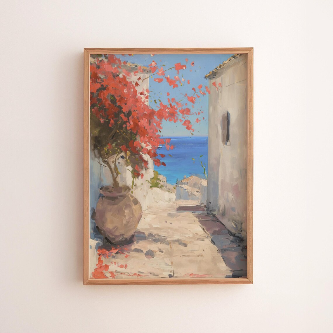 Greek Island Whitewashed Lane Bougainvillea Bright Blue Sea Poster