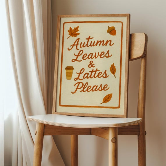 Autumn Leaves Lattes Print Cozy Fall Coffee Bar Decor