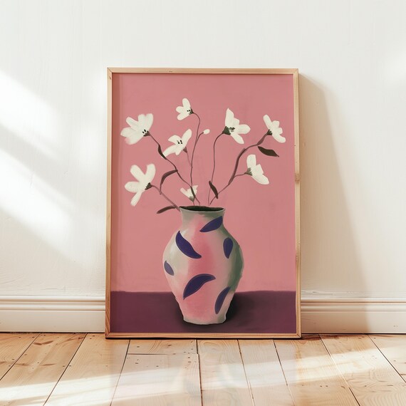 Pink Floral Vase White Blossoms Modern Botanical Painting Poster