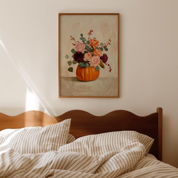 Pumpkin Floral Vase Print Fall Flower Bouquet Autumn Decor