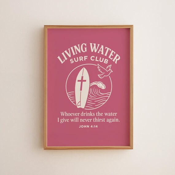 Living Water Surf Club John 414 Christian Wall Art Pink Bible Verse Print Scripture Decor For Girls Dorm Or Teen Room