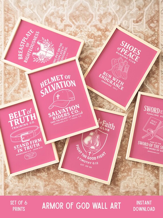Armor Of God Pink Bible Verse Print Set Of 6 Christian Gift Decor