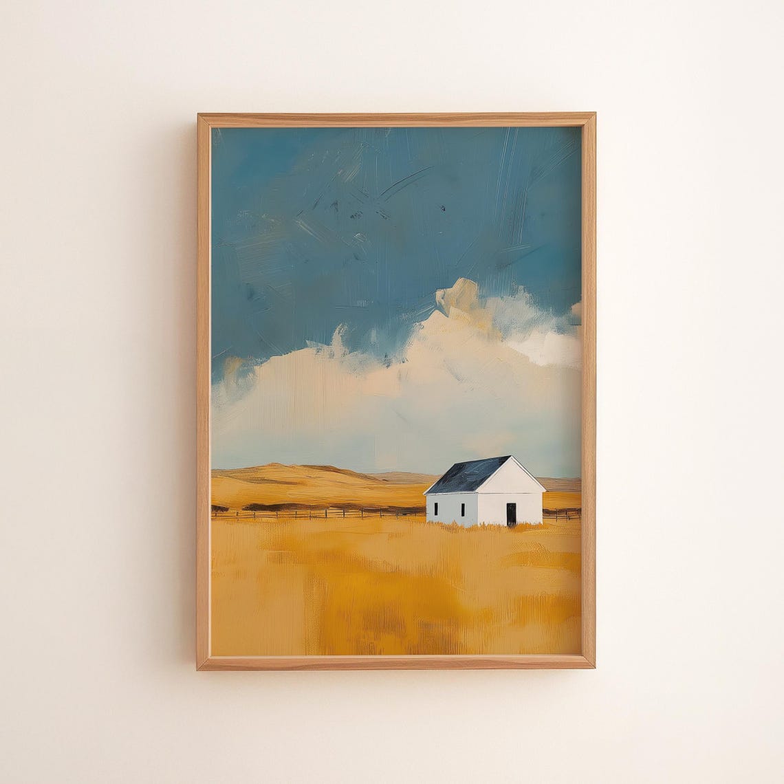 White Barn In Golden Field Minimalist Blue Sky Rustic Farm Poster