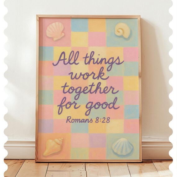 Romans 828 Bible Verse Wall Art Pastel Checkerboard Christian Print Scripture Room Decor Coquette Faith For Girls