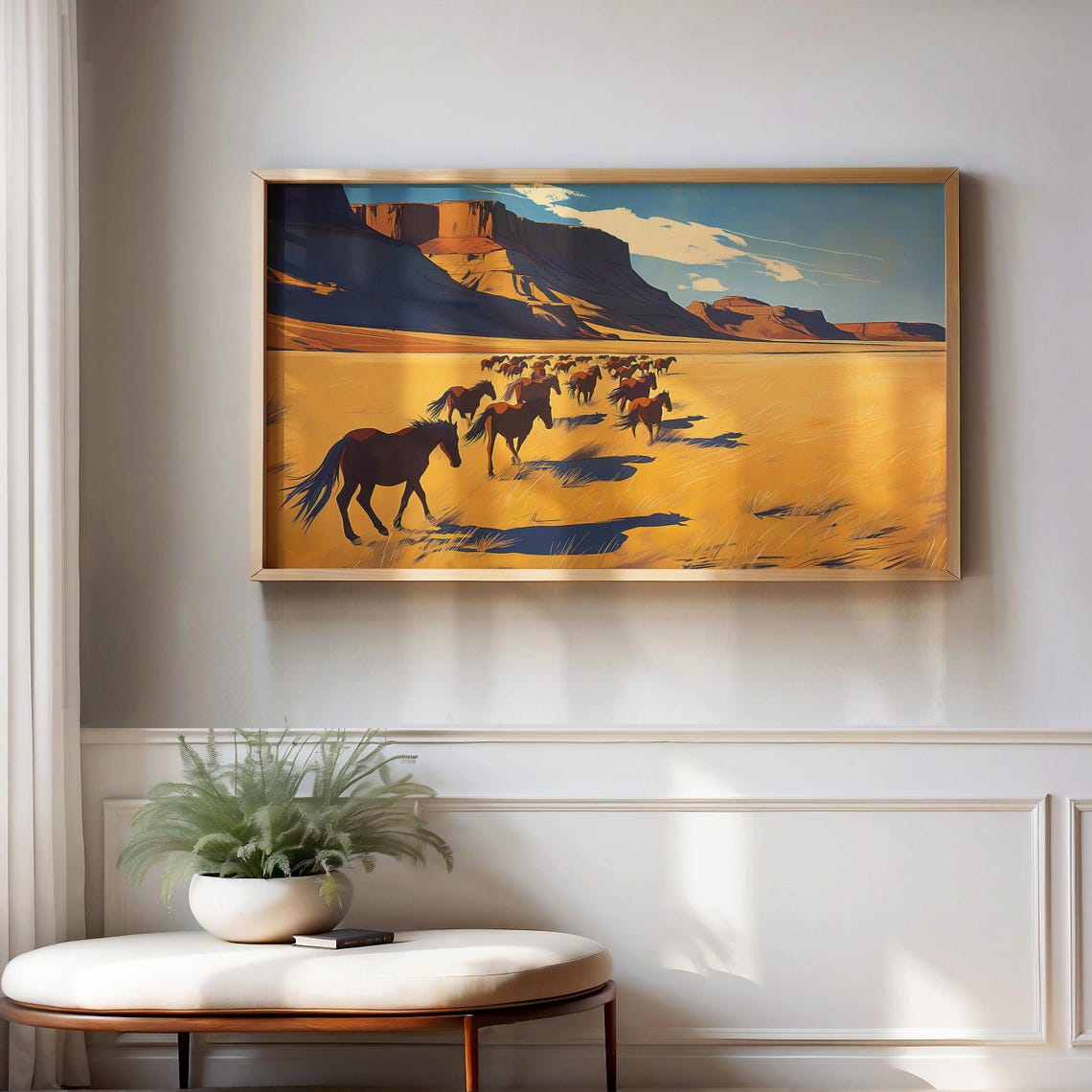 Wild Horses Golden Desert Plain Red Rock Mesas Western Poster