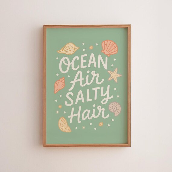 Ocean Air Salty Hair Sage Green Coastal Typography Print With Shells