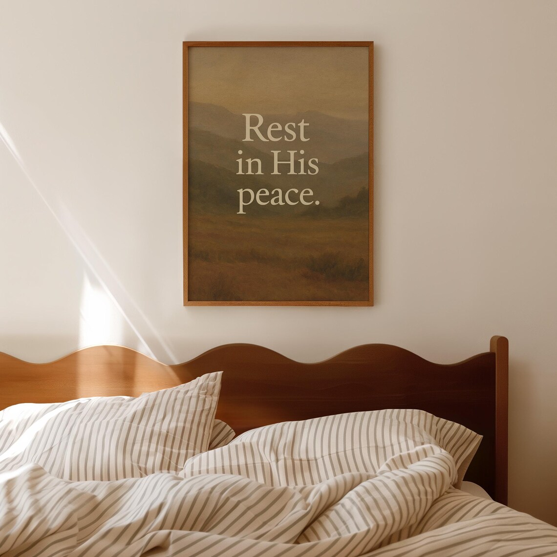 Rest In His Peace Elegant Serif Over Golden Meadow Hills Typography Poster