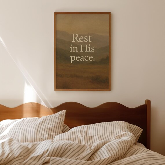 Rest In His Peace Elegant Serif Over Golden Meadow Hills Typography Poster