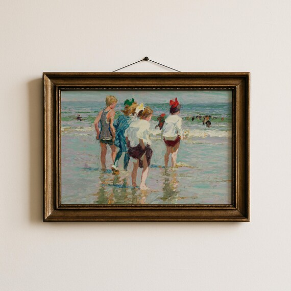 Vintage Beach Day Kids Playing Seaside Summer Childhood Poster