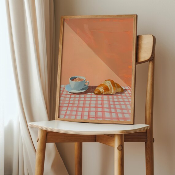 Croissant and Coffee Breakfast Still Life Peach Kitchen Art Poster