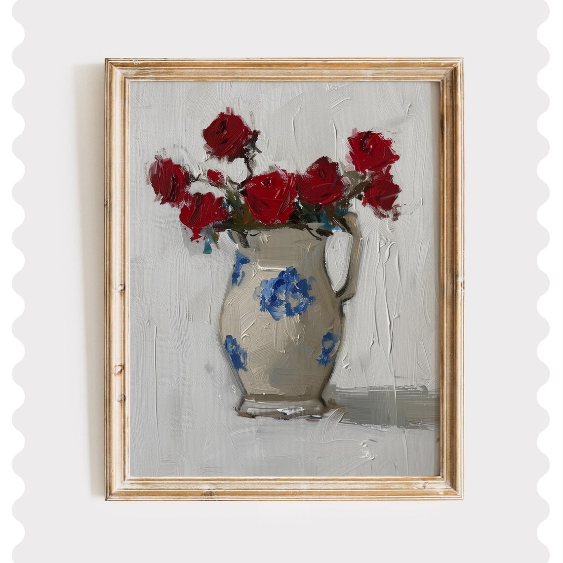 Red Roses Blue Floral Pitcher Vintage Still Life Painting Poster