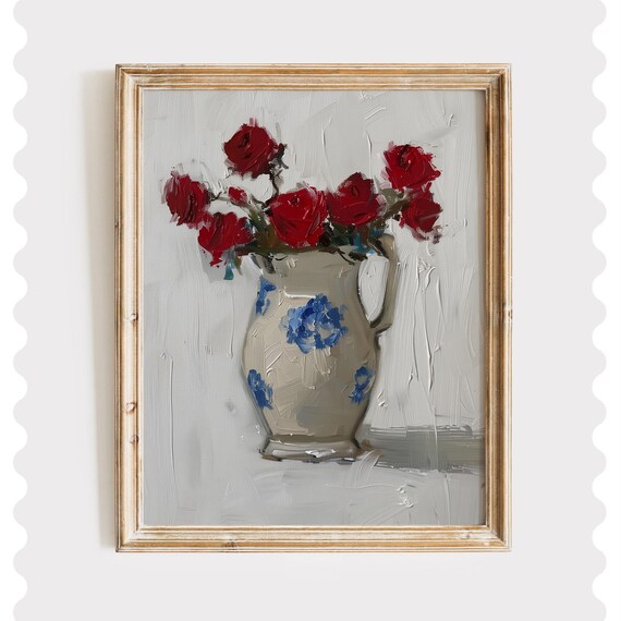 Red Roses Blue Floral Pitcher Vintage Still Life Painting Poster