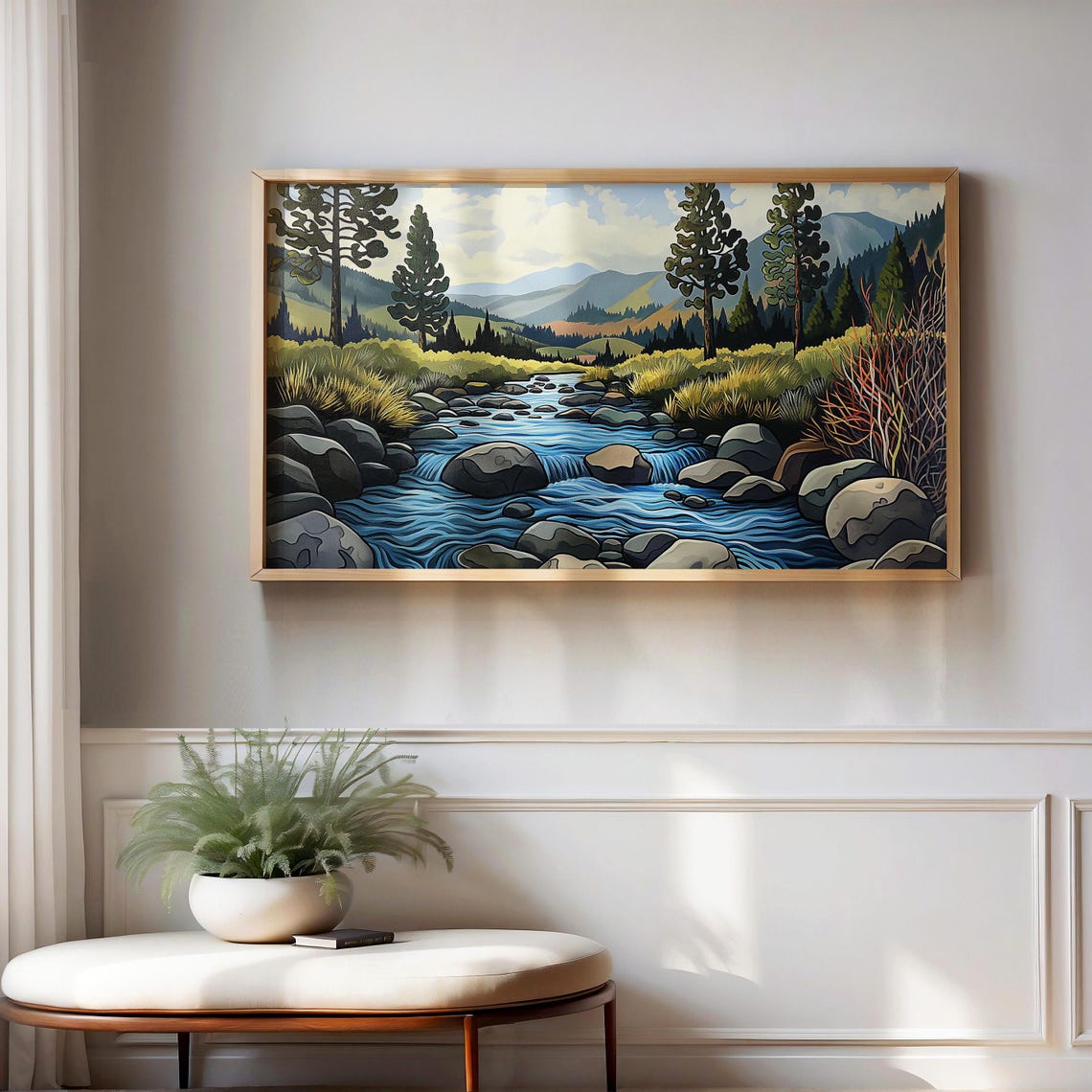 Mountain Stream Pines Boulders Blue Water Nature Illustration Poster