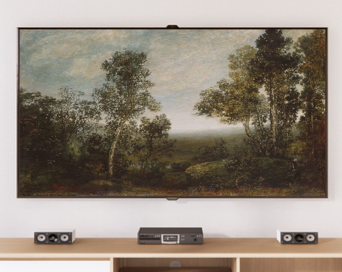 Moody Vintage Muted Green Woodland Landscape Oil Painting Print