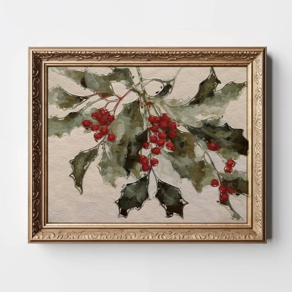 Vintage Holly Berries Watercolor Christmas Rustic Botanical Wall Art