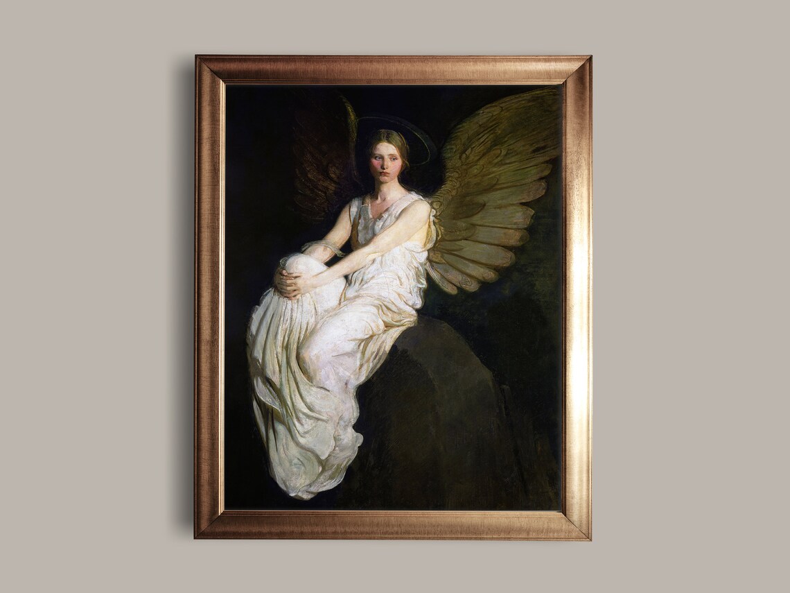 Moody Vintage Angel Portrait Winged Woman White Gown Dark Academia Art Print - Image 2