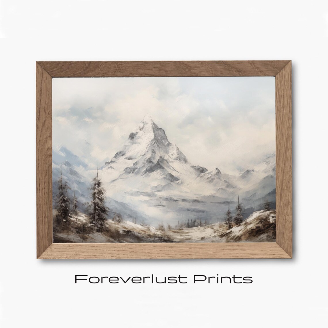 Snowy Mountain Peak Oil Painting Alpine Winter Landscape Rustic Wall Art Print - Image 2