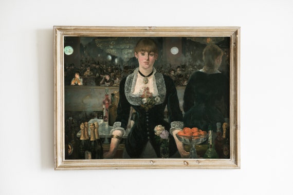 Dark Vintage Portrait Painting Woman Barmaid Print Neutral Moody Academia Decor