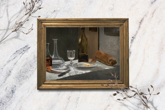 Bread Art Print Unframed Oil Painting Print French Cafe Still Life Dark Moody Kitchen Art Rustic Decor Bread Still Life Print