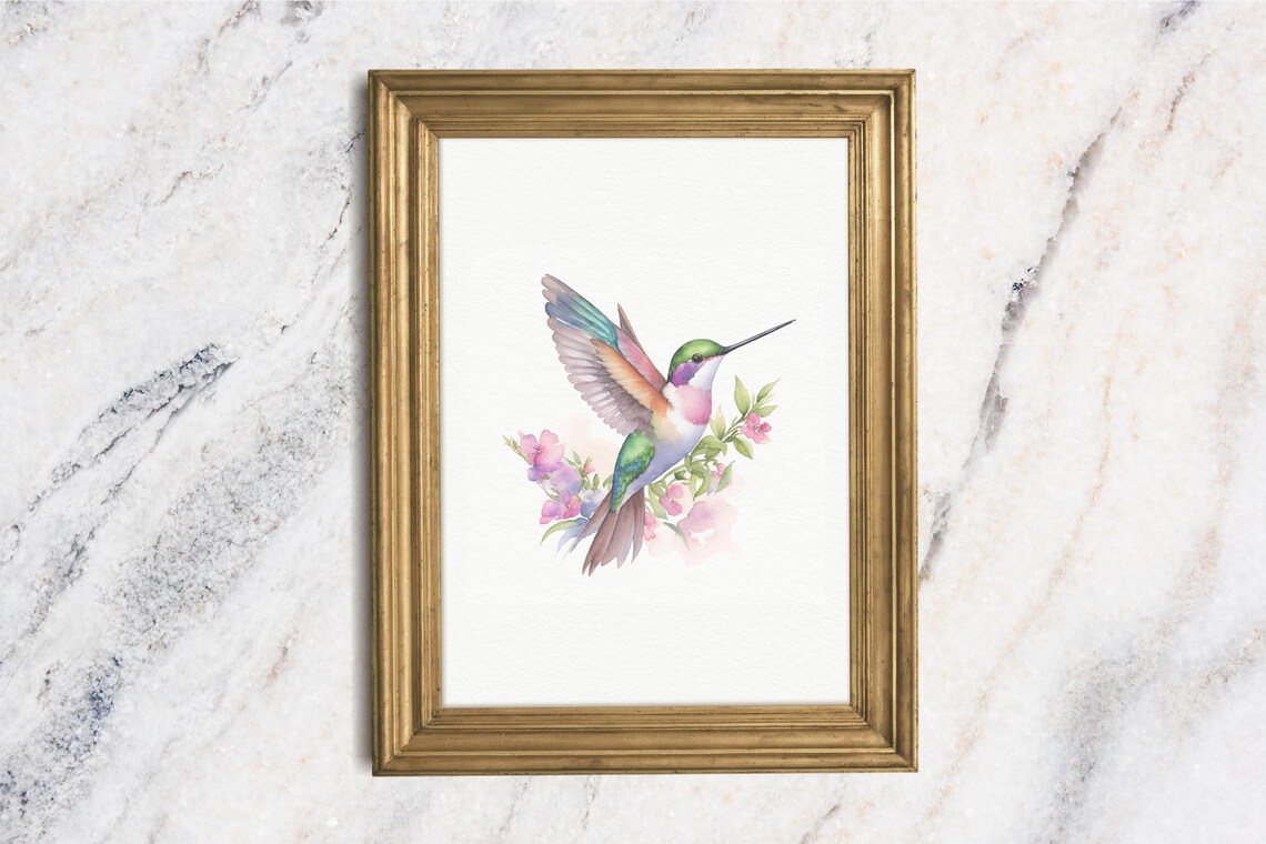 Colorful Hummingbird Watercolor Pink Blossom Bird Nursery Art Print