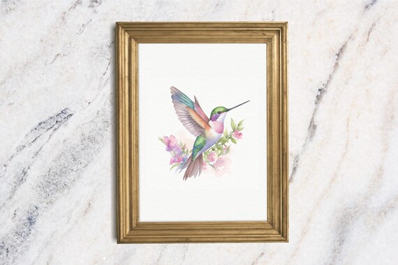 Colorful Hummingbird Watercolor Pink Blossom Bird Nursery Art Print