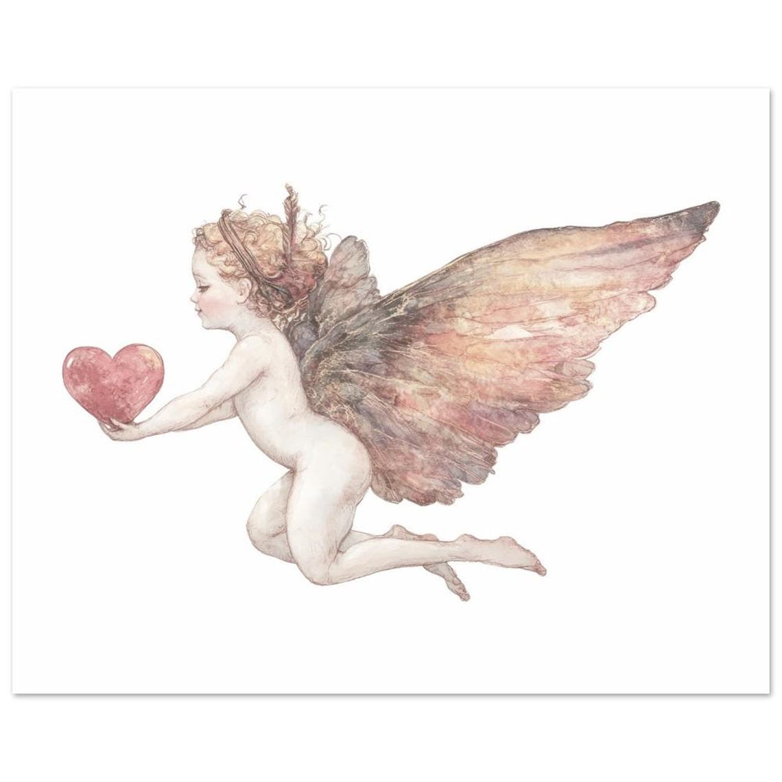 Flying Cherub Holding Pink Heart Watercolor Valentine Art Print - Image 3