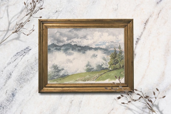 Misty Mountain Meadow Foggy Green Hills Watercolor Landscape Poster