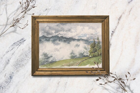 Moody Landscape Art Print Original Forest Watercolor Painting Foggy Trees Mountain Rustic Farmhouse Wall Decor Shelf Art Green Print Gift