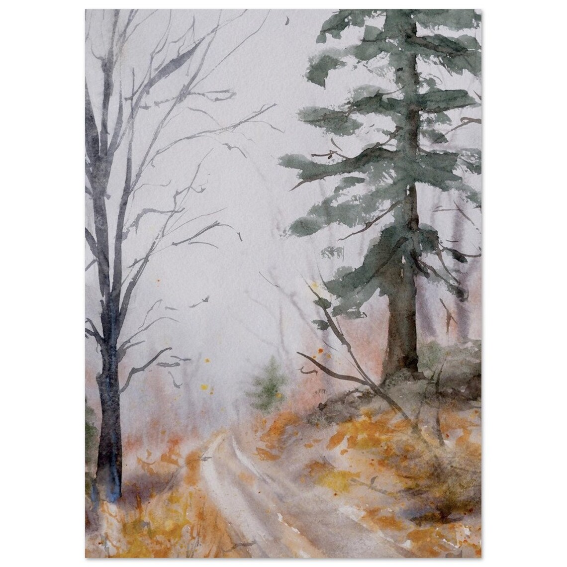 Autumn Country Road Misty Orange Foliage Watercolor Landscape Poster - Image 2
