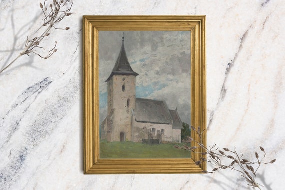 Country Church Art Print Unframed Church Painting Original Print Minimalist Landscape French Country Art Small Church Shelf Art Print