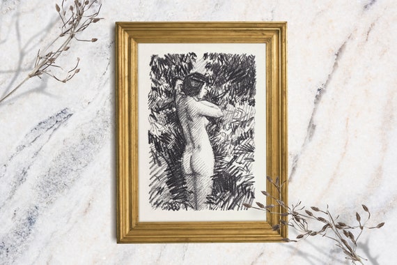 Nude Drawing Woman Figurative Study Sketch Neutral Bathroom Decor Feminine Bedroom Art Rustic Farmhouse Wall Art