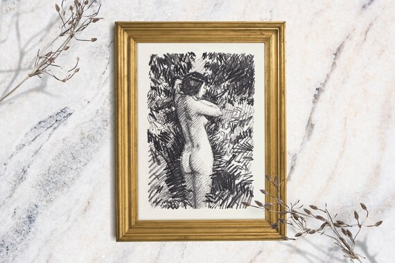Nude Woman Figurative Charcoal Sketch Classical Figure Wall Art Print