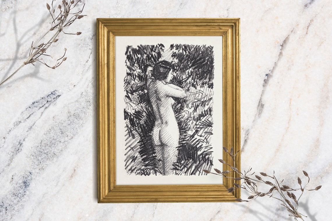 Nude Woman Figurative Charcoal Sketch Classical Figure Wall Art Print