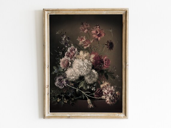 Moody Vintage Flower Print Dark Floral Still Life Oil Painting Dark Academia Decor Antique Art