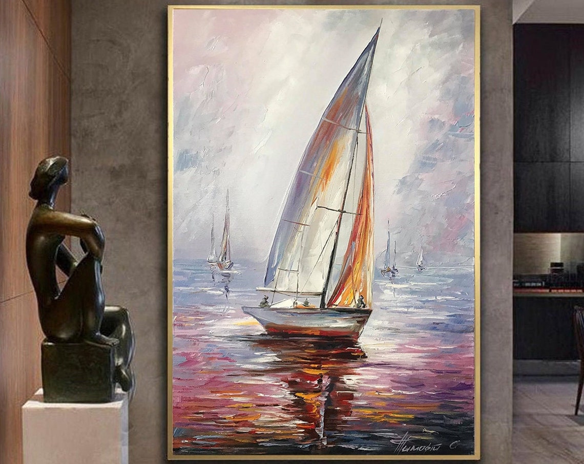 Sail Boat Painting Sunset Oil Painting Original Sea Boat Art Decor Harbor Painting Framed Ship Wall Art Boat Yacht Oil Painting