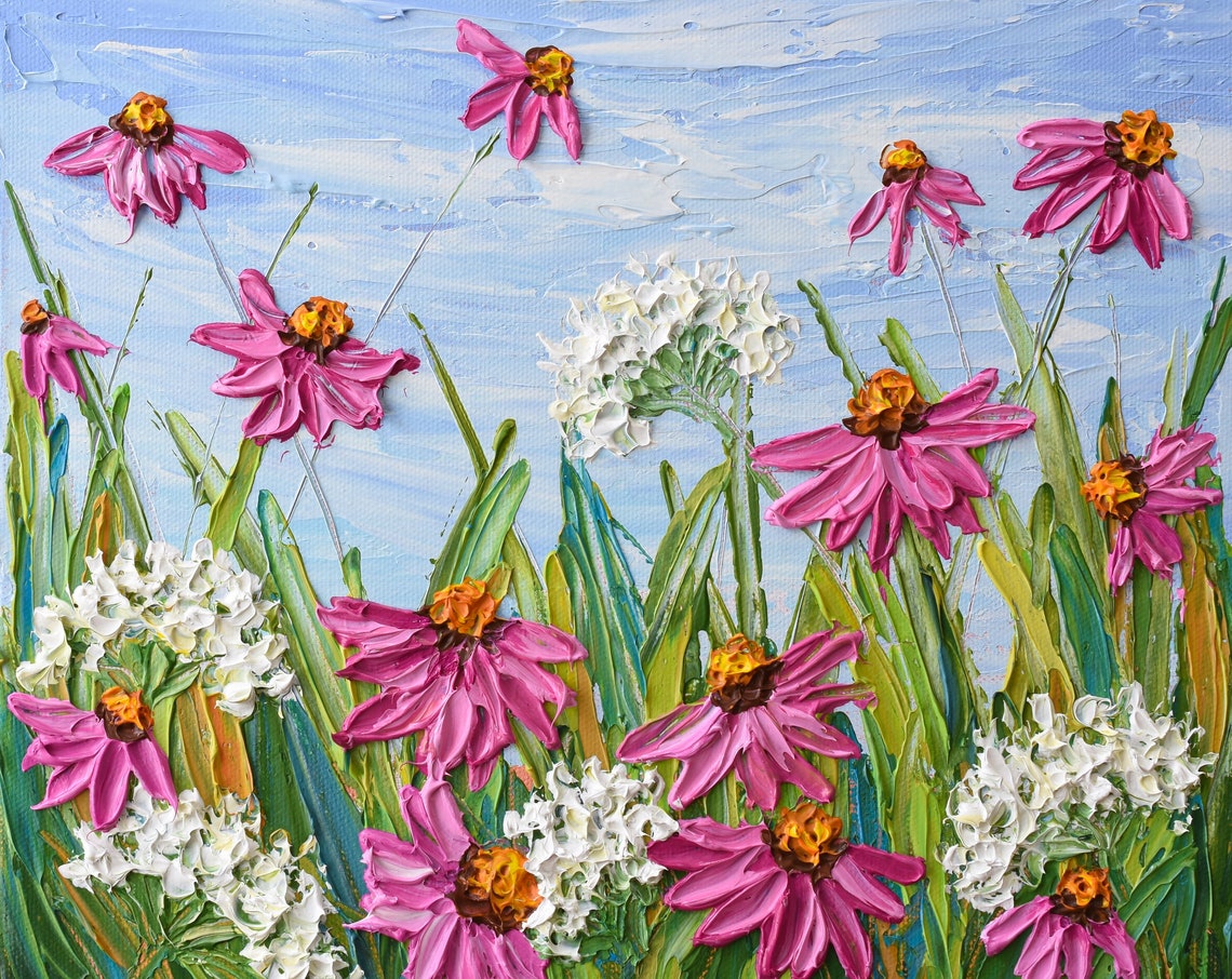 Pink Echinacea Wildflower Field Blue Sky Palette Knife Flower Poster