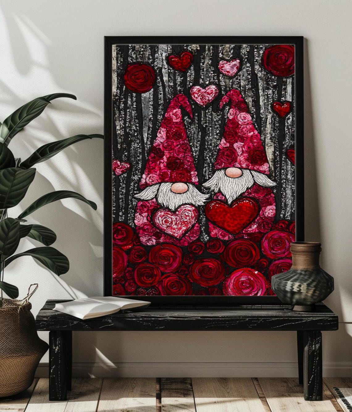 Two Red Gnomes with Roses and Hearts Valentine Love Decor Poster