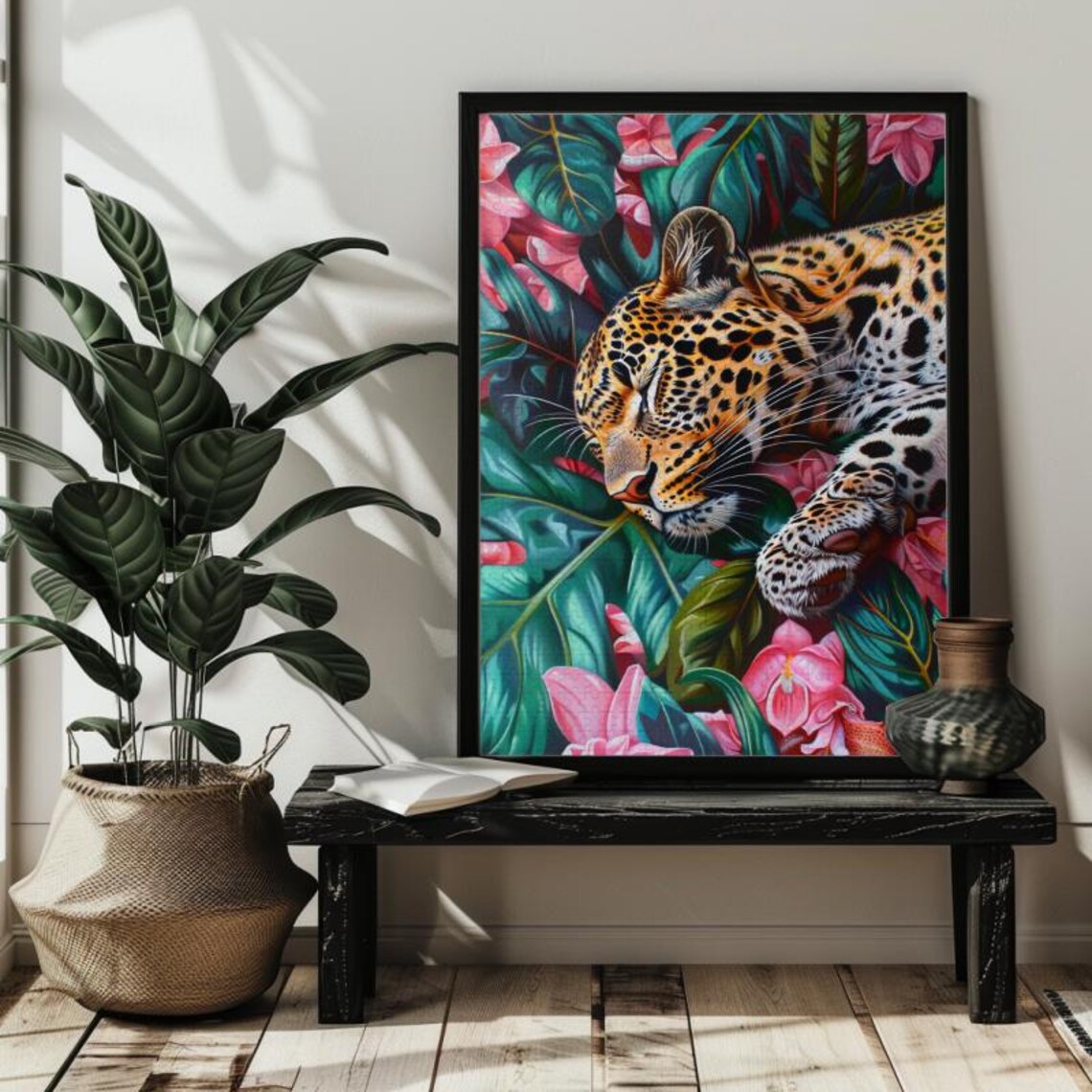 Sleeping Leopard Among Tropical Flowers Jungle Wildlife Art Poster - Image 2