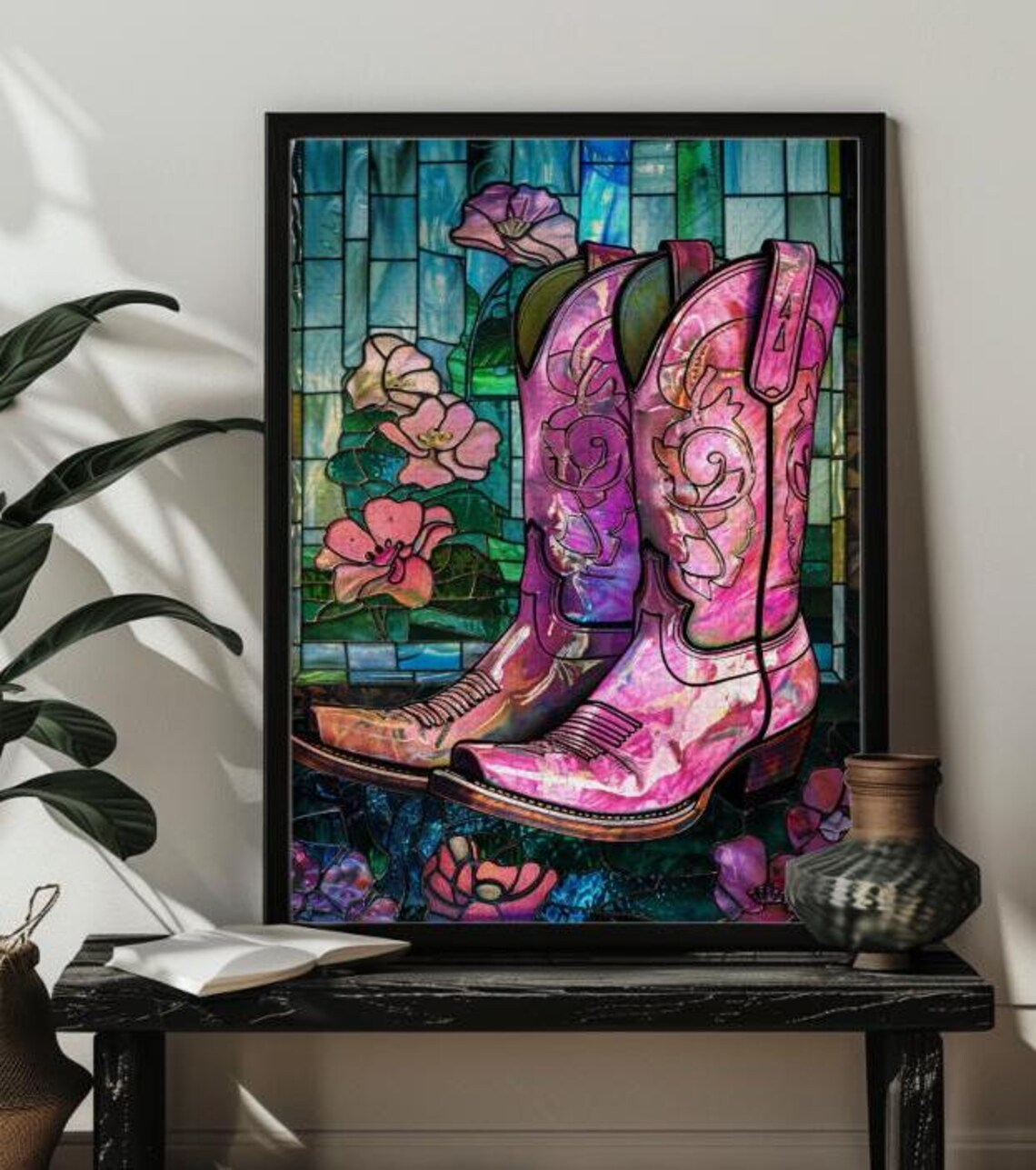Pink Cowgirl Boots Stained Glass Art Print - Image 3