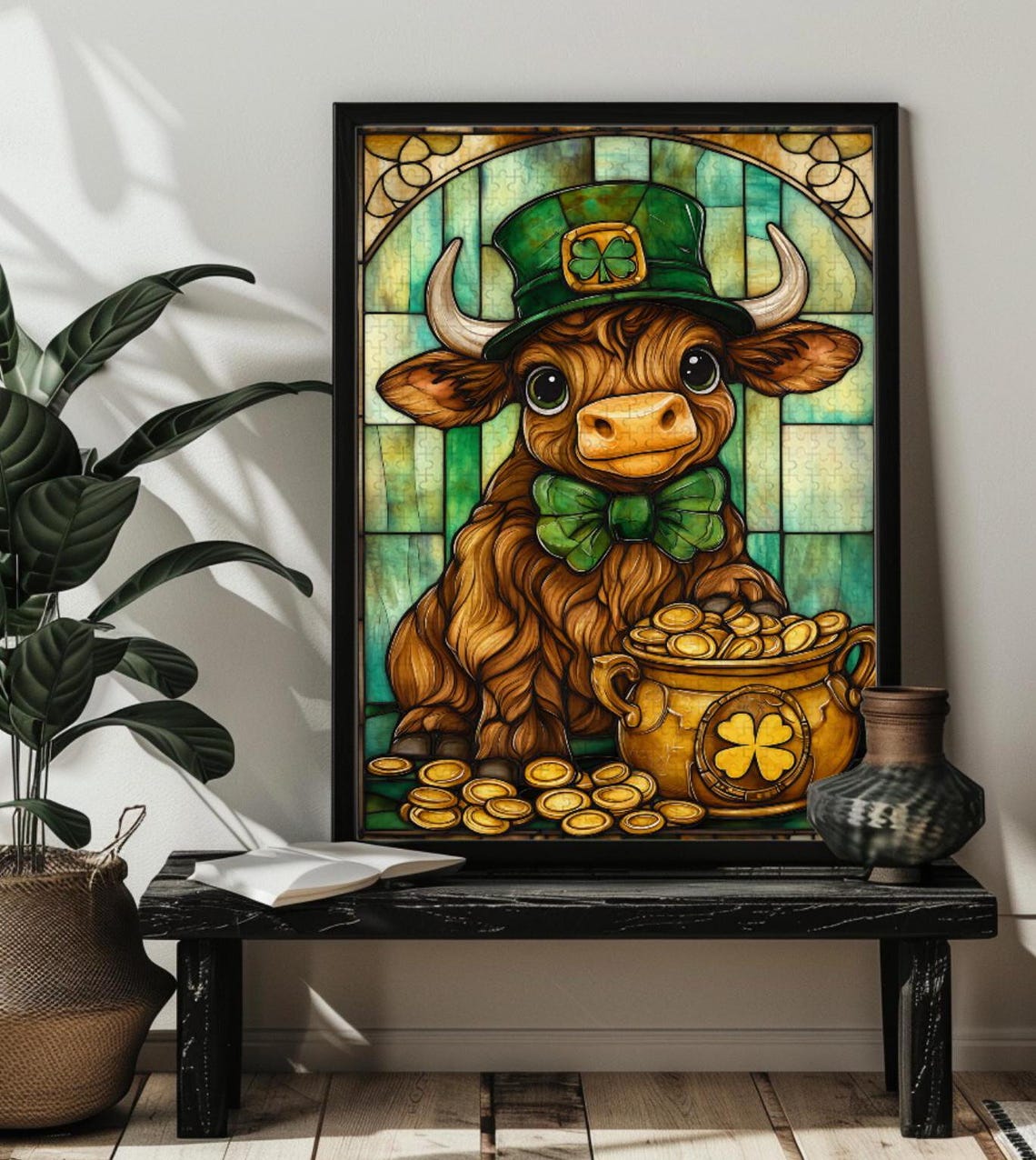Cute Highland Cow in a St Patricks Day Leprechaun Hat Poster