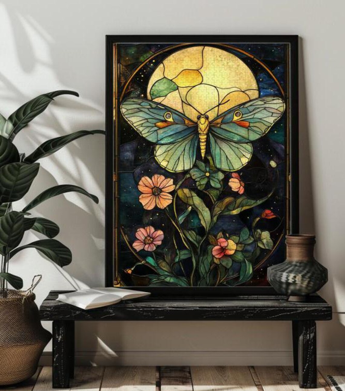 Stained Glass Luna Moth with Full Moon and Wildflowers Poster - Image 2