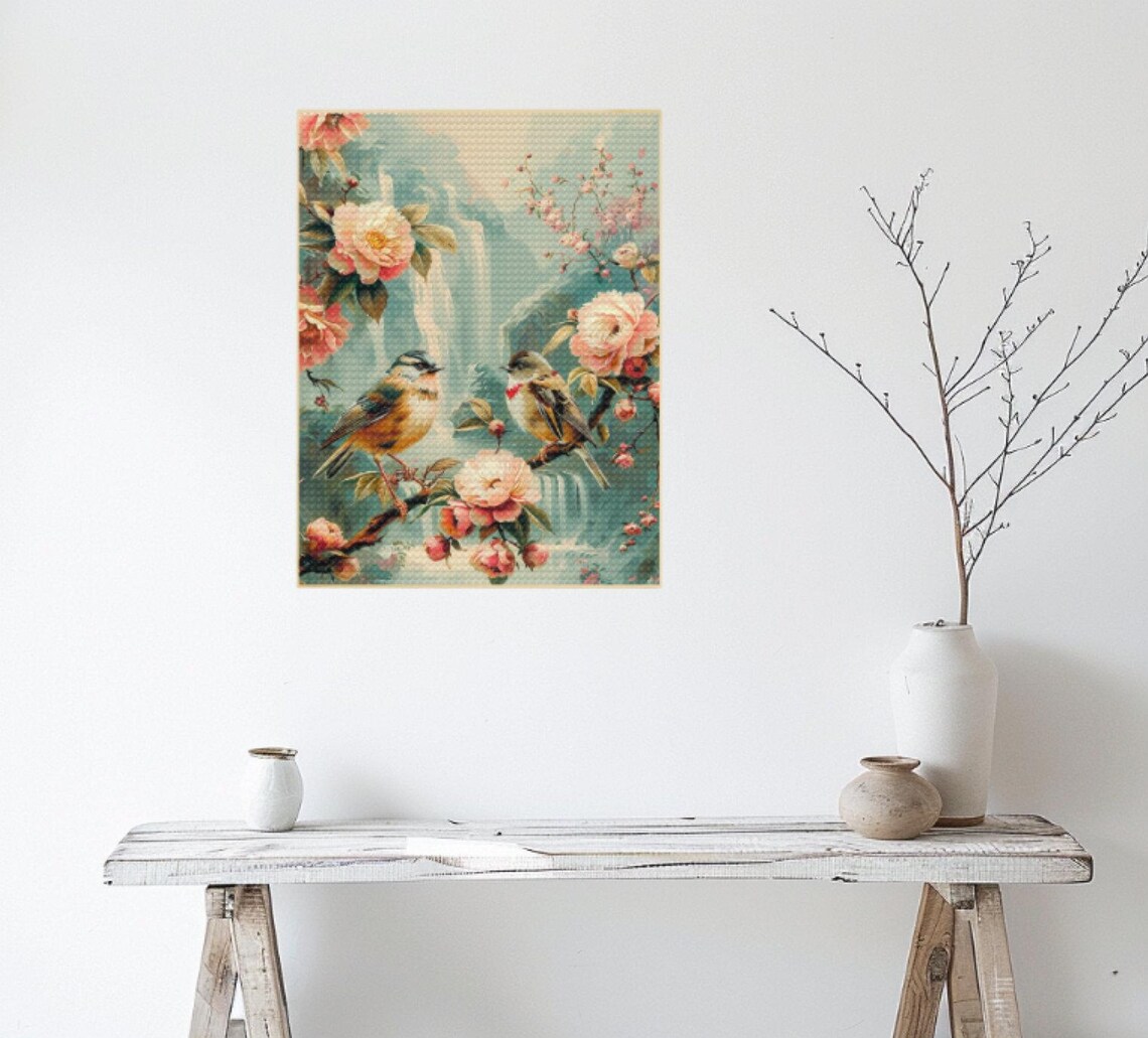Pair Of Songbirds On Blossom Branch Waterfall Spring Art Poster