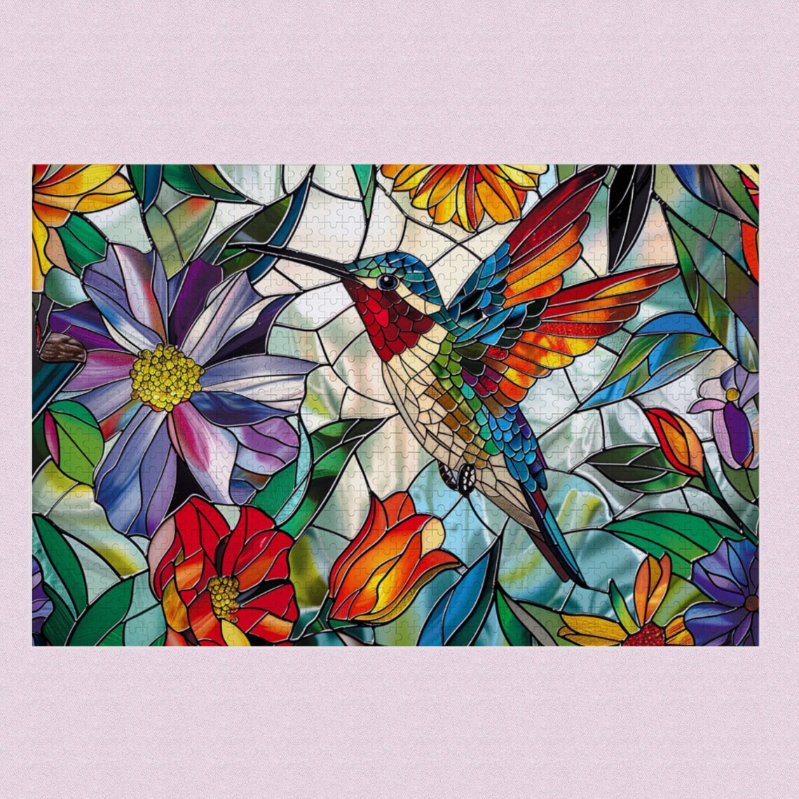 Stained Glass Hummingbird in Flowers Art Print - Image 2