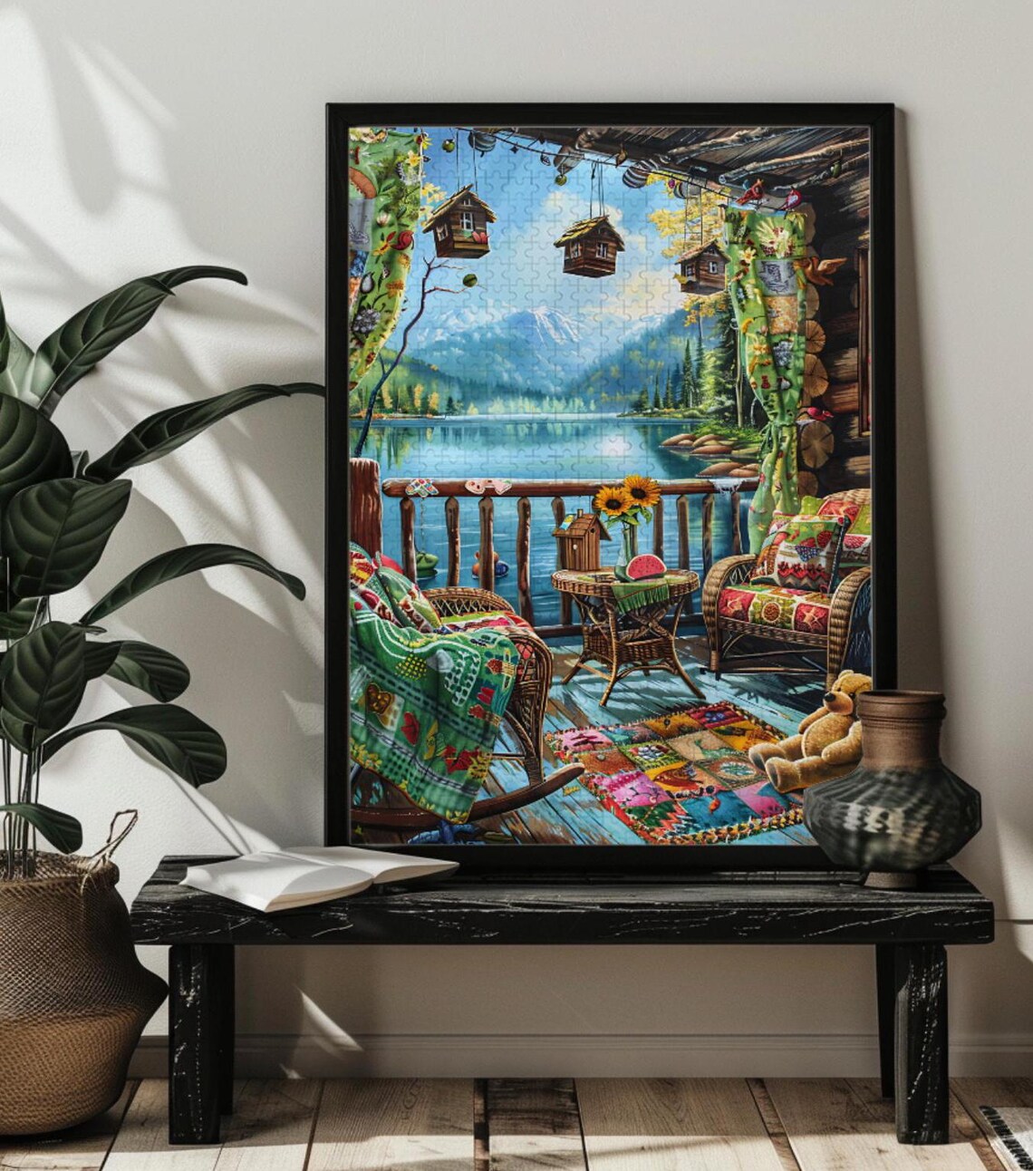 Cozy Country Porch with Rocking Chairs and a Calm Lake View Poster