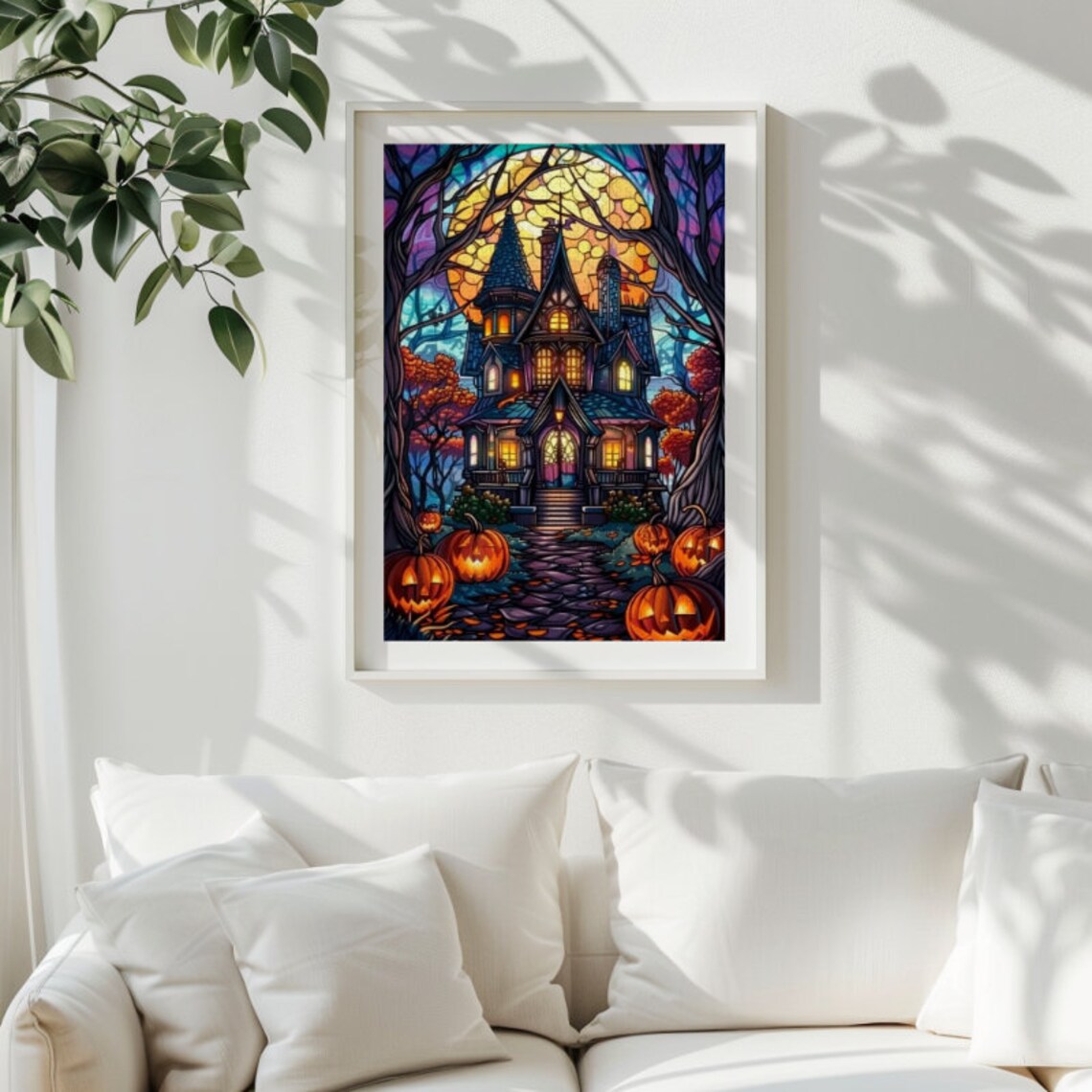 Halloween Stained Glass Gothic House Pumpkins Art Print - Image 2