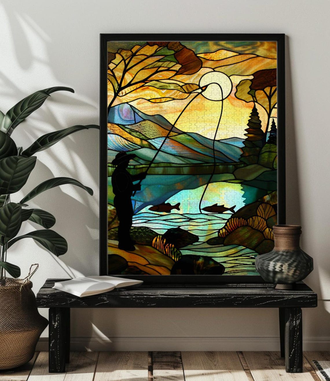 Lone Fly Fisherman Casting at Sunset in Stained Glass Poster - Image 4