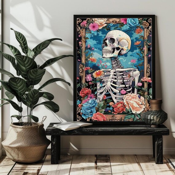 Skeleton with Colorful Flowers Day of the Dead Floral Poster