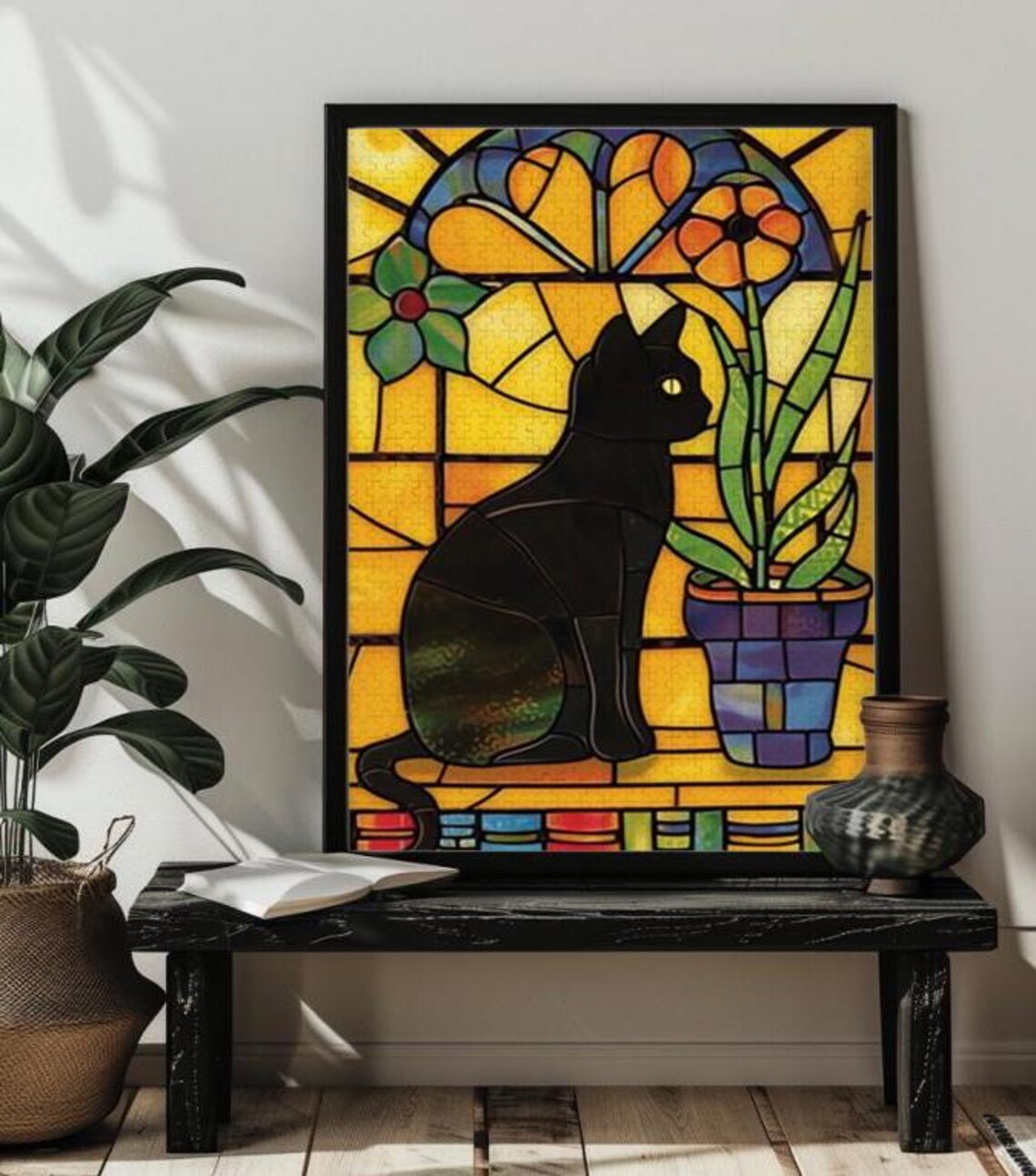 Black Cat Stained Glass Art Print, Book Lover Gift