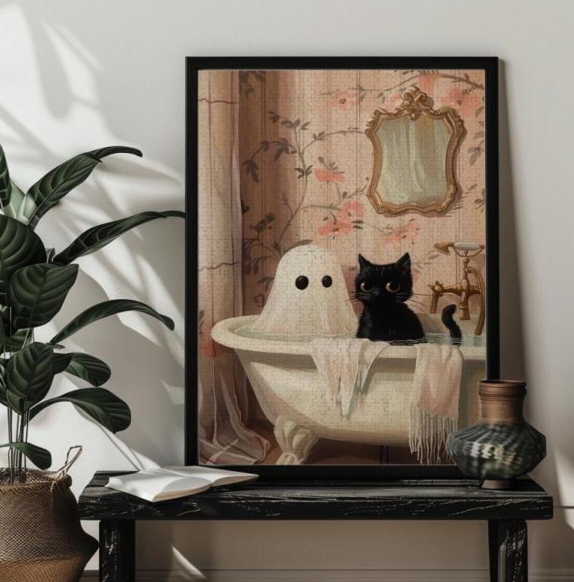 Ghost And Cat In Bathtub Spooky Halloween Art Print