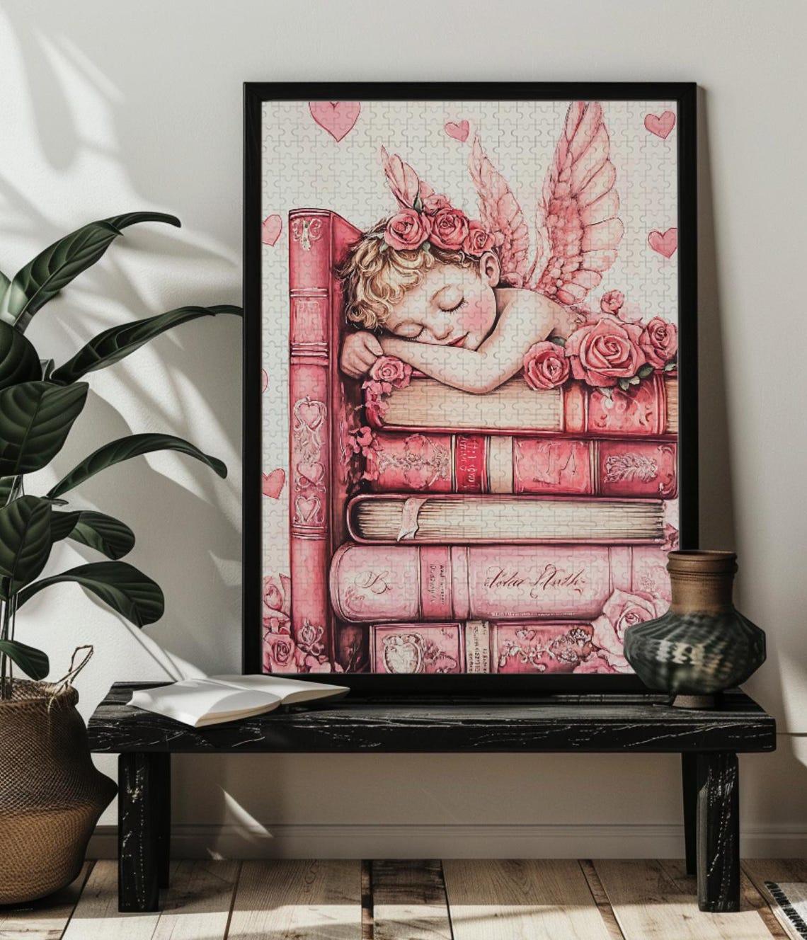 Sleeping Cupid Napping on Pink Roses for Valentine Hearts Poster